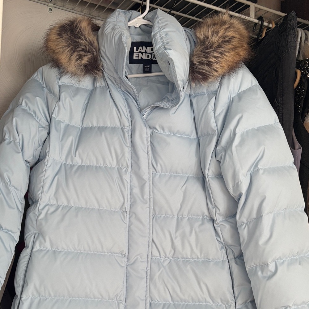 Lands' End Light Blue Women's Puffer Coat with Faux Fur Hood